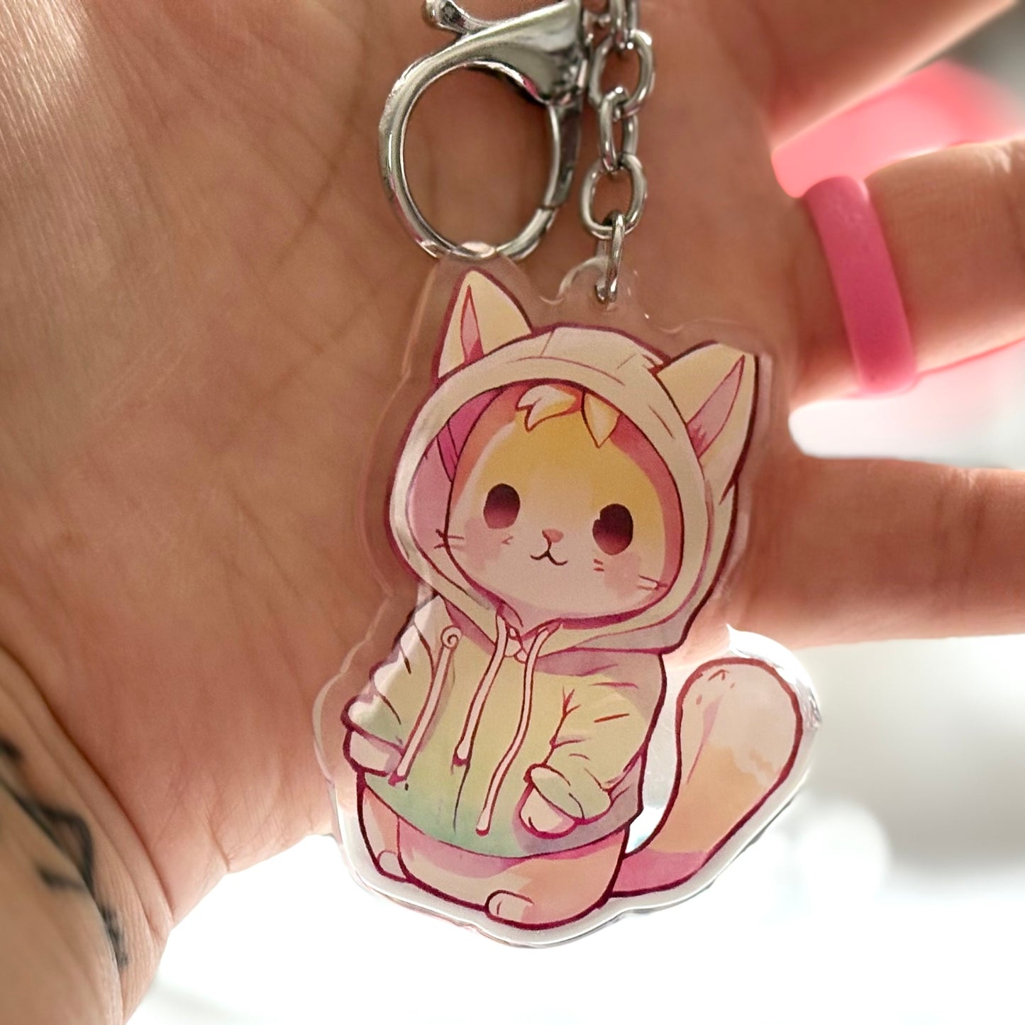 Cat in a Hoodie Keychain, Kitty Lover Gift, Acrylic Cat Charm