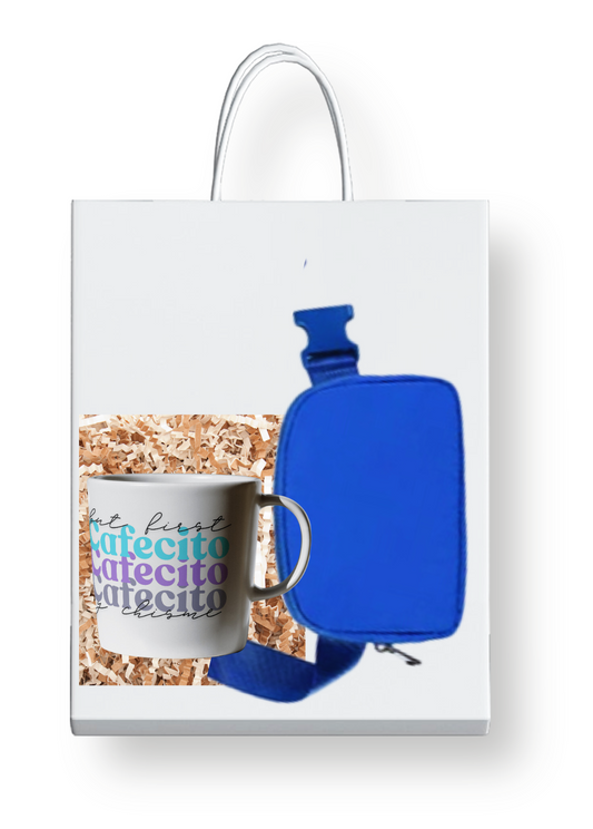 4 Crossbody Bag, 11 oz Mug/Cup with Cafecito y Chisme Design, ready to gift