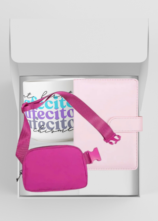 Pink Saving Money Binder +  Cafecito Chisme 11 oz Coffee Cup + 4 Colors Crossbody Bag + Box Gift Set Ready to br Gifted