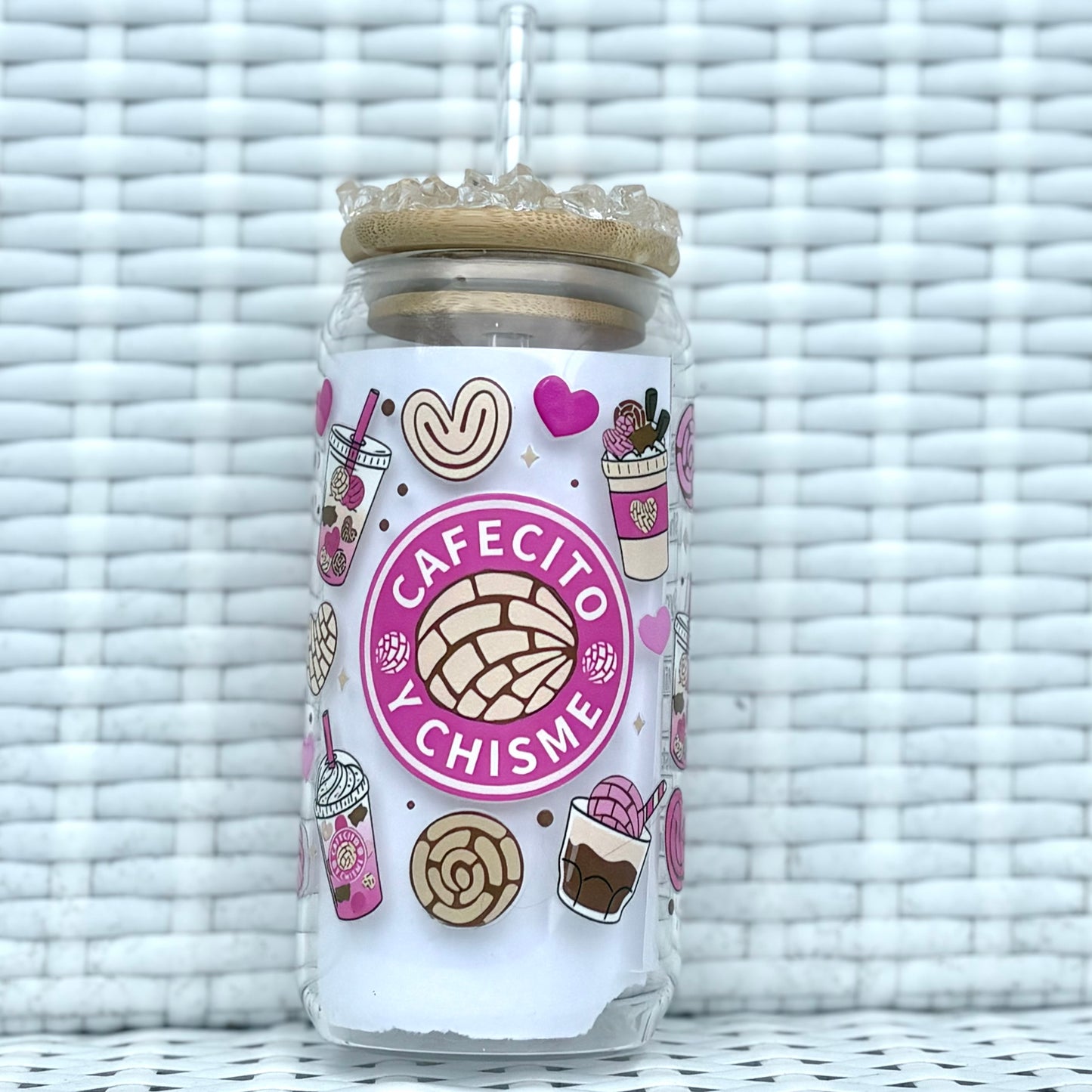 Different Designs Clear Glass Square 16 Ounce Water Bottle, Bamboo Lid, Glass Straw