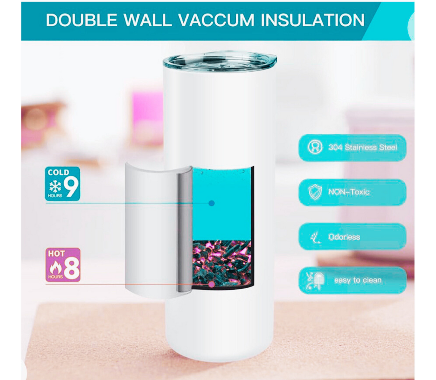 Blank Tumblers for Sublimation/ Skinny 20 OZ Straight Stainless Steel White Tumbler with Straw for Heat Press Machine Printing