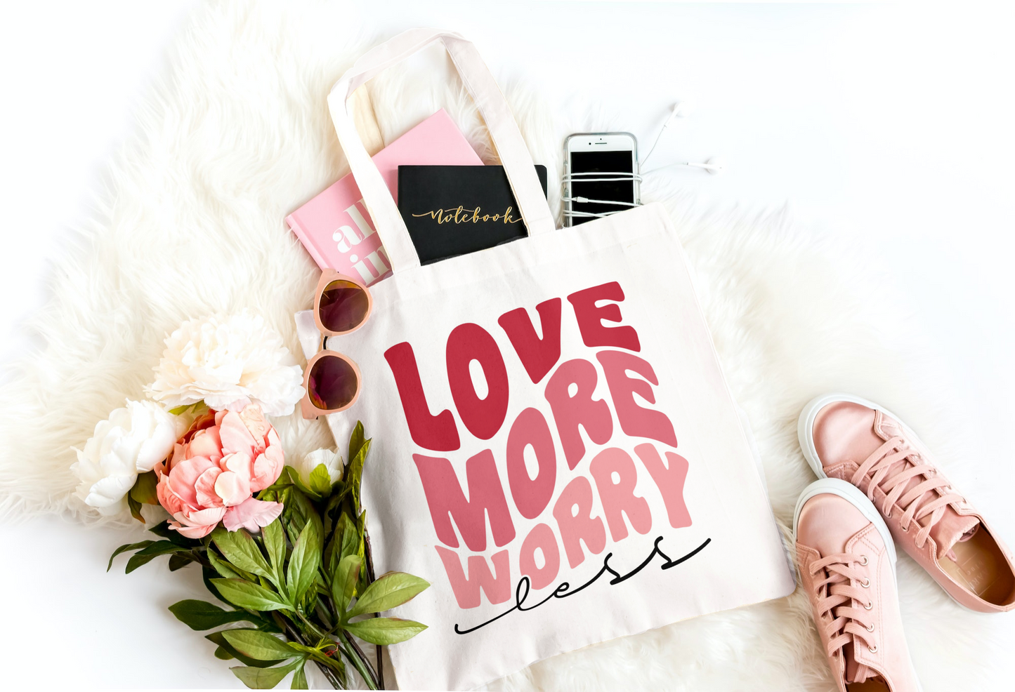 Love More Worry Less Tote HANDMADE Canvas/ Groceries /Books /Clothes /And More by GoGo Designs