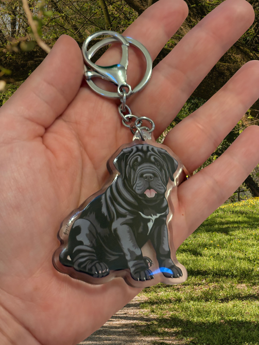 BLACK SHARP PEI 2.5 Acrylic Dog Keychain | Easy-Clip, Cute Dog Cartoon, Hand-Drawn Design, water- colored, Dog Lover Gift