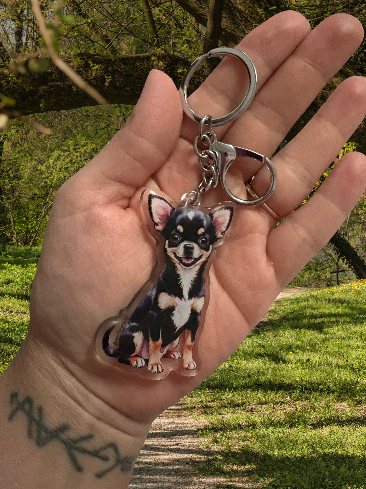 CHIHUAHUA (BLACK) 2.5 in Acrylic Dog Keychain | Easy-Clip, Cute Dog Cartoon, Digitally Hand- Drawn Design, water- colored, Dog Lover Gift