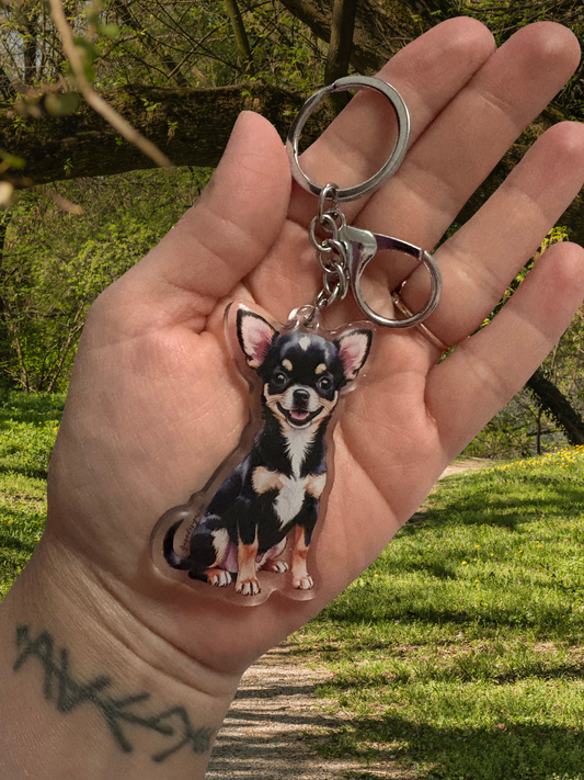 CHIHUAHUA (BLACK) 2.5 in Acrylic Dog Keychain | Easy-Clip, Cute Dog Cartoon, Digitally Hand- Drawn Design, water- colored, Dog Lover Gift