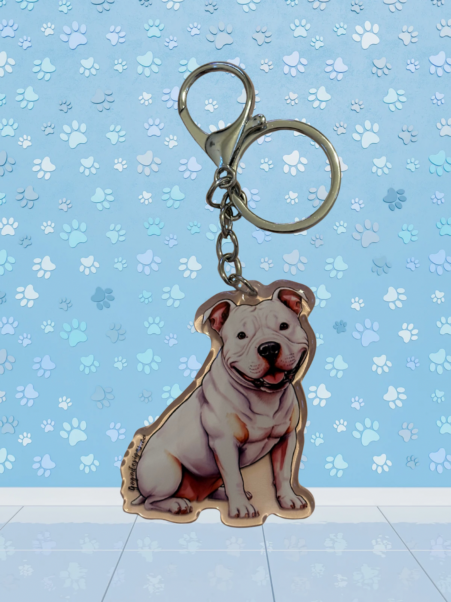 PITBULL (WHITE) 2.5 Acrylic/ Resin Coated Dog Keychain | Easy-Clip- Cute Dog Cartoon, Digitally Hand- Drawn Design, water- colored, Dog Lover Gift