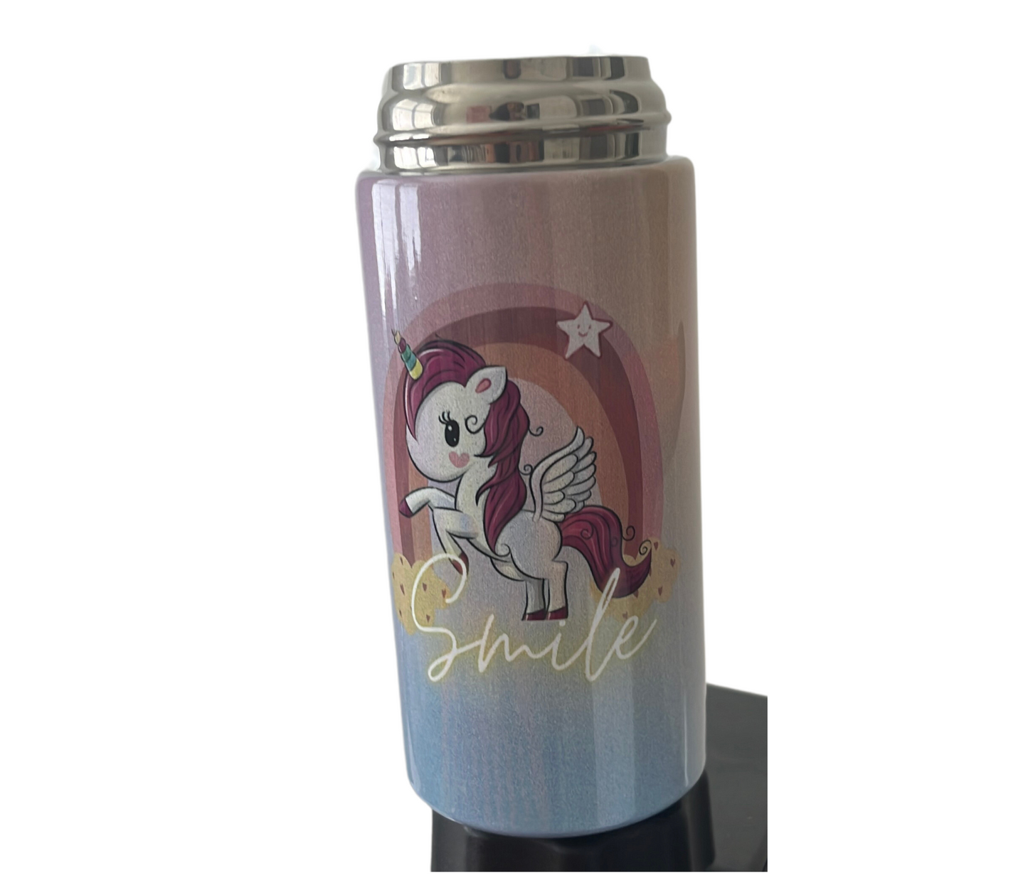 Smile Unicorn tumbler insulated kids 12 oz Leakproof One hand Open. Drop proof /Handmade/ Maintains drink temperature perfect toddlers and kids. Handle easy to carry