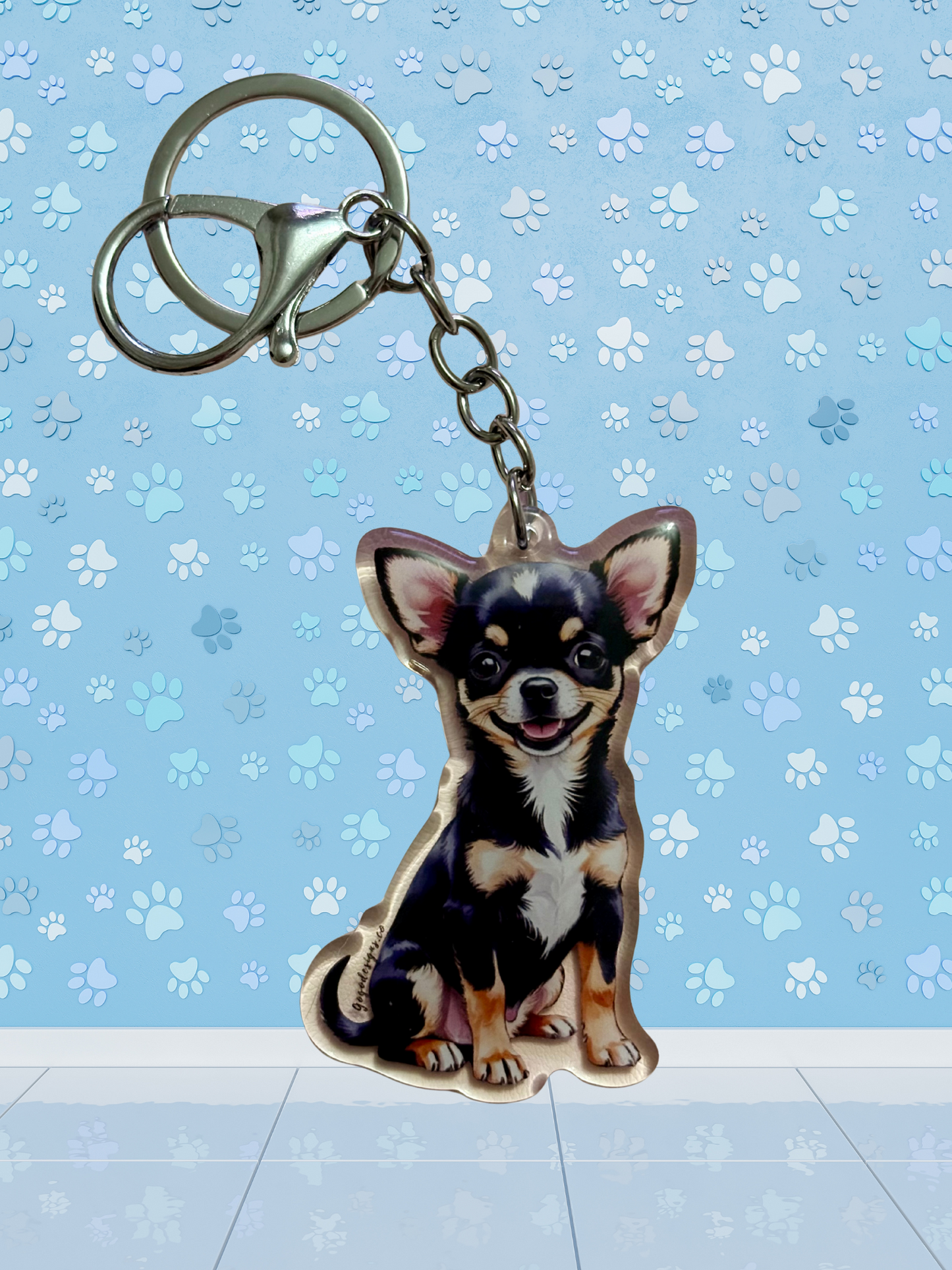 CHIHUAHUA (BLACK) 2.5 in Acrylic Dog Keychain | Easy-Clip, Cute Dog Cartoon, Digitally Hand- Drawn Design, water- colored, Dog Lover Gift