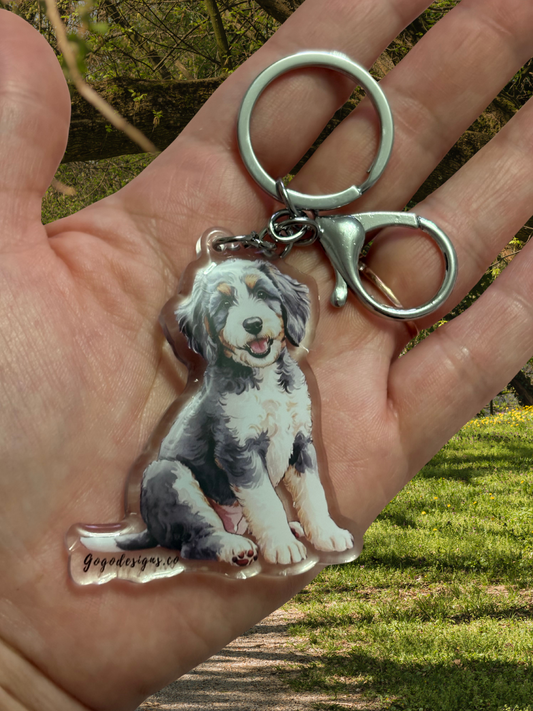 AUSSIEDOODLE 2.5 Acrylic Dog Keychain with Epoxy Resin | Easy-Clip, Cute Dog Cartoon, Hand-Drawn Design, water- colored, Dog Lover Gift
