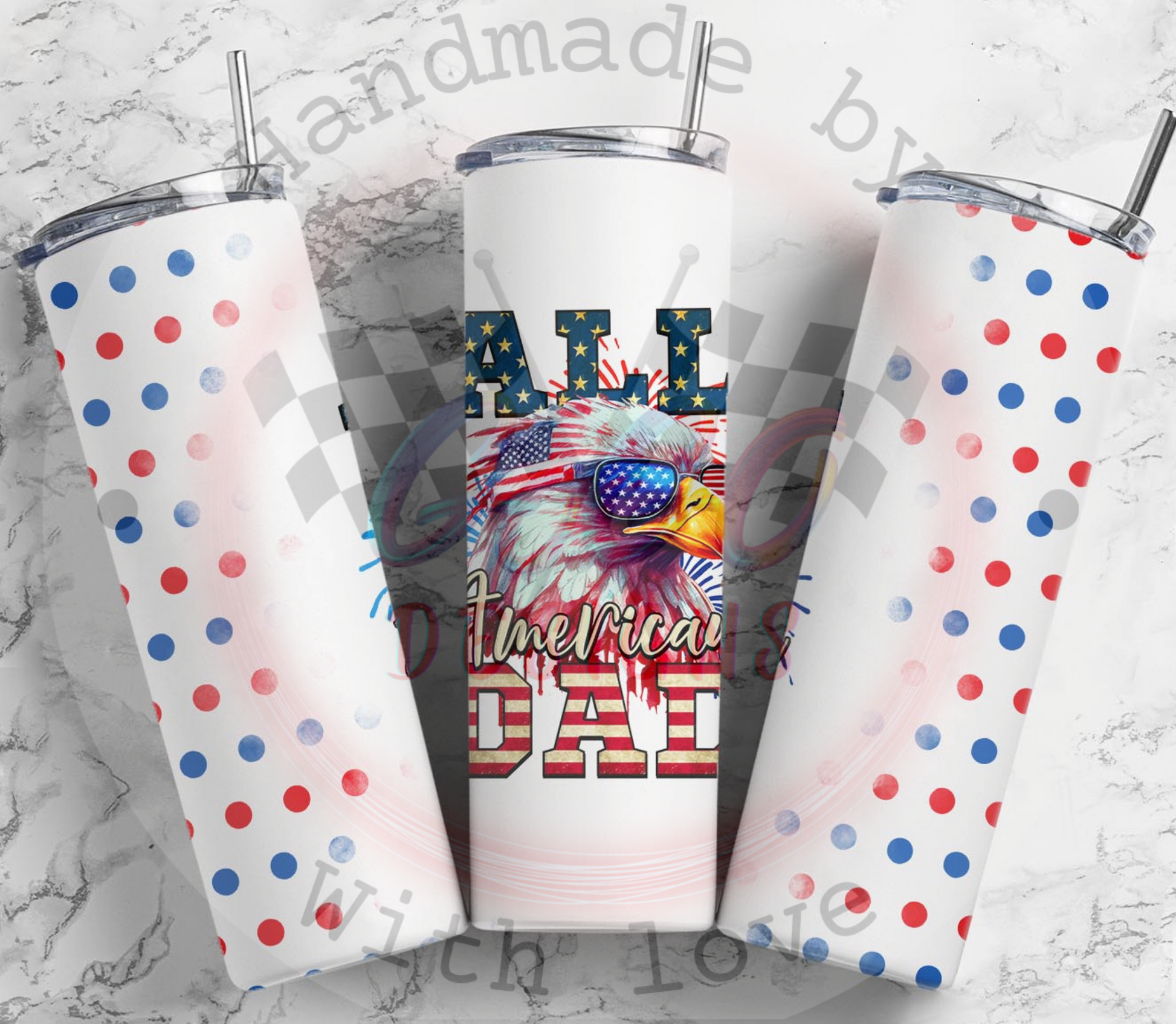 all american dad 20oz tumbler with beautiful bright colors read white and blue