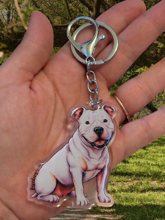 PITBULL (WHITE) 2.5 Acrylic/ Resin Coated Dog Keychain | Easy-Clip- Cute Dog Cartoon, Digitally Hand- Drawn Design, water- colored, Dog Lover Gift